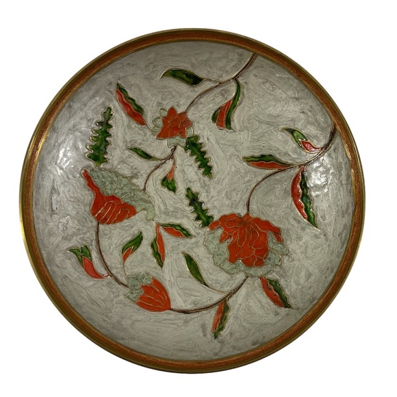 Vintage Hand Painted Enamel & Brass Decorative Bowl Cream Orange Green 9.5” - Picture 1 of 9